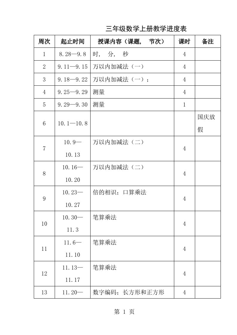 部编版人教版三年级数学上册全册教案