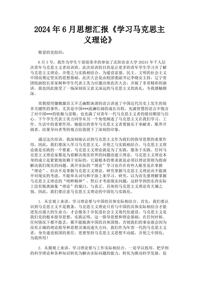 2024年6月思想汇报《学习马克思主义理论》