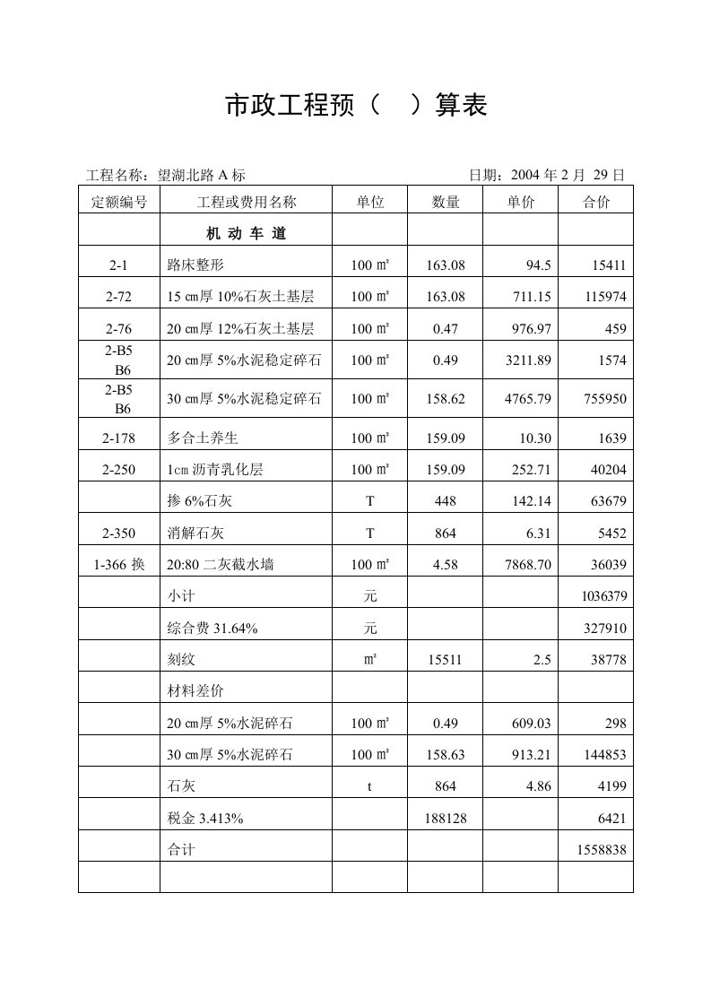 市政工程预算表