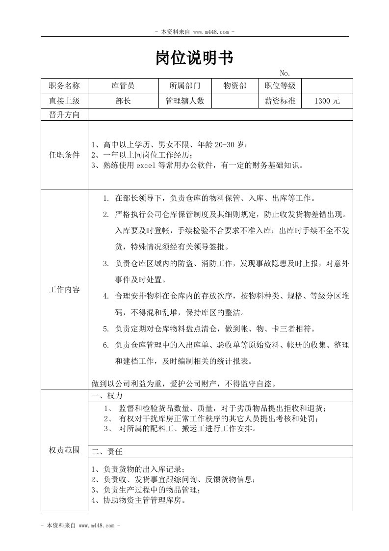 巴山摩托车制造公司库管员岗位说明书DOC-物料管理