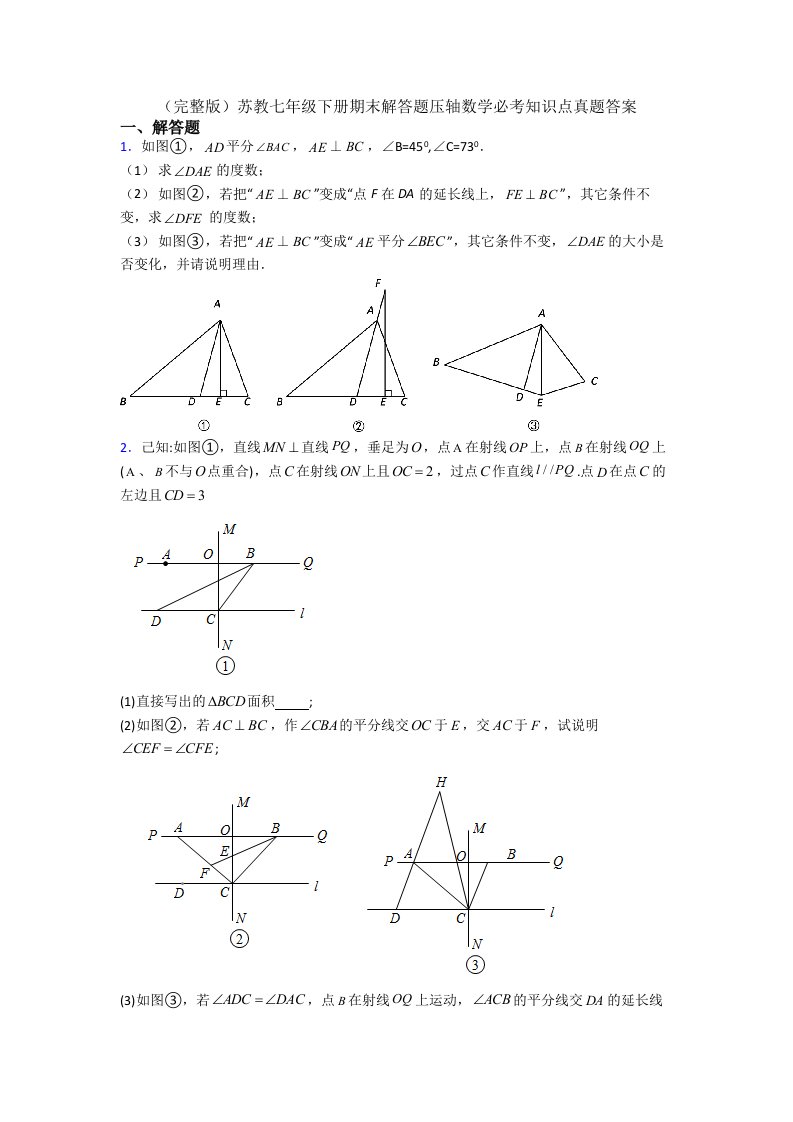 苏教七年级下册期末解答题压轴数学必考知识点真题答案