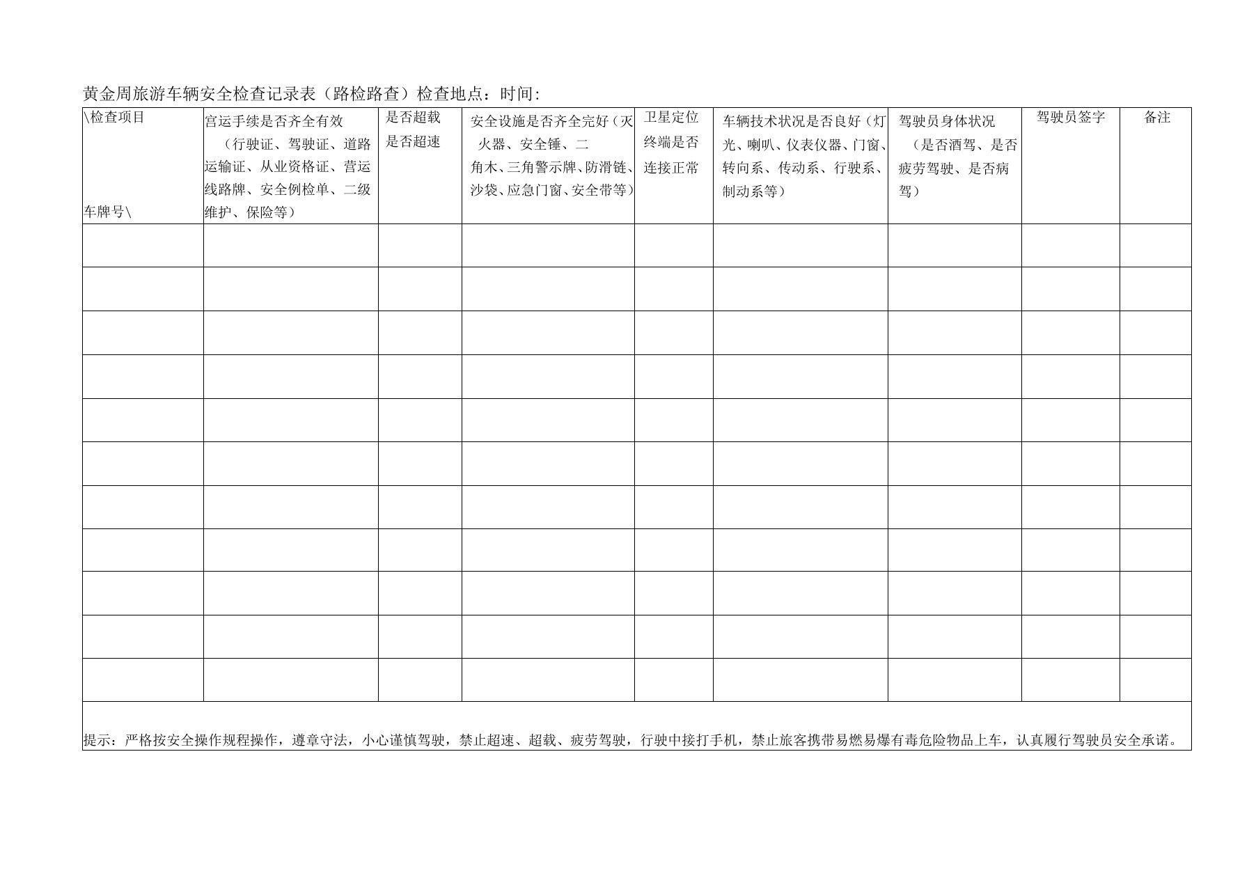 黄金周旅游车辆安全检查记录表