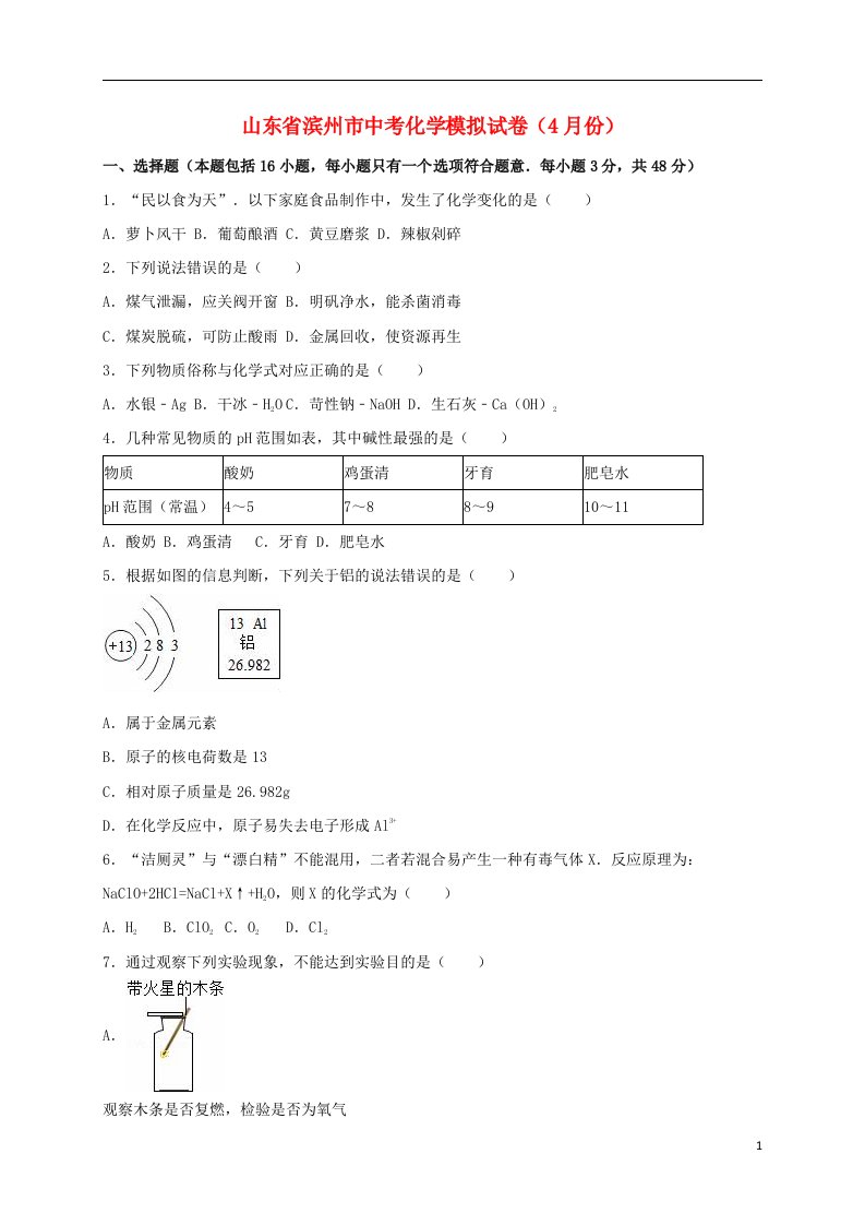 山东省滨州市中考化学4月模拟试题（含解析）