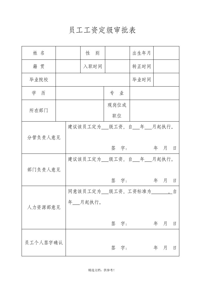 员工工资定级审批表