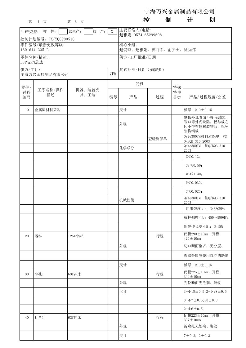 支架总成控制计划