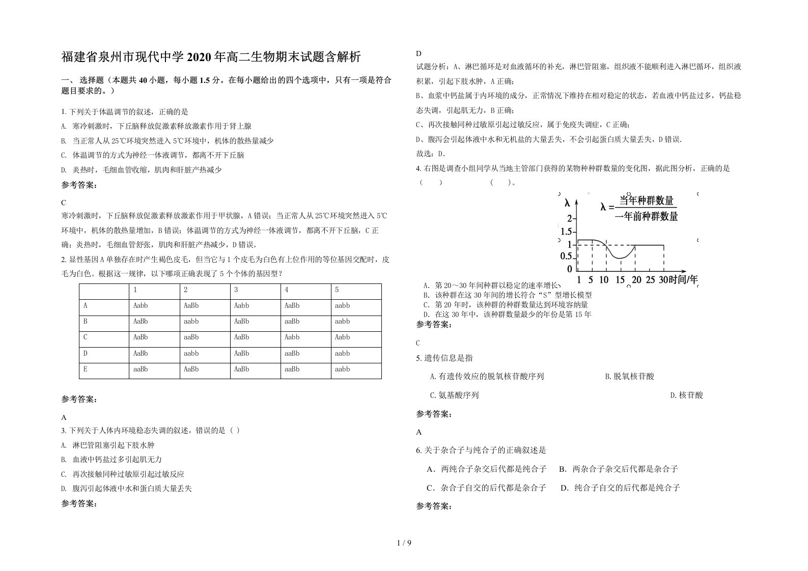 福建省泉州市现代中学2020年高二生物期末试题含解析