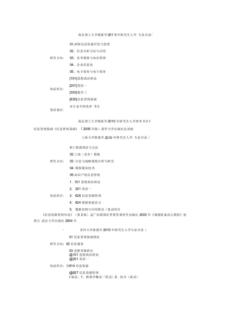 情报学研究生入学专业目录(精)