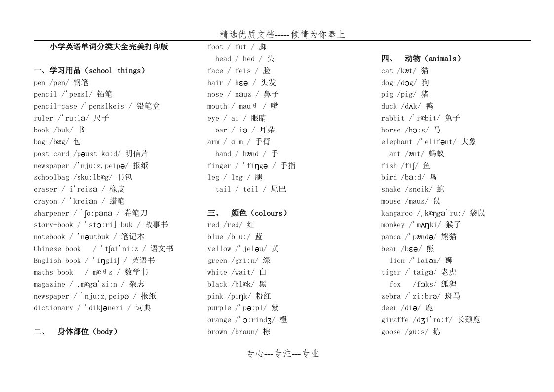 小学英语单词分类表大全A4完美打印版-小学英语词汇表大全(共10页)