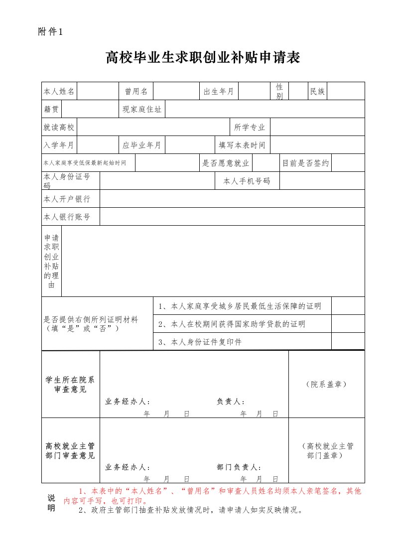 高校毕业生求职创业补贴申请表