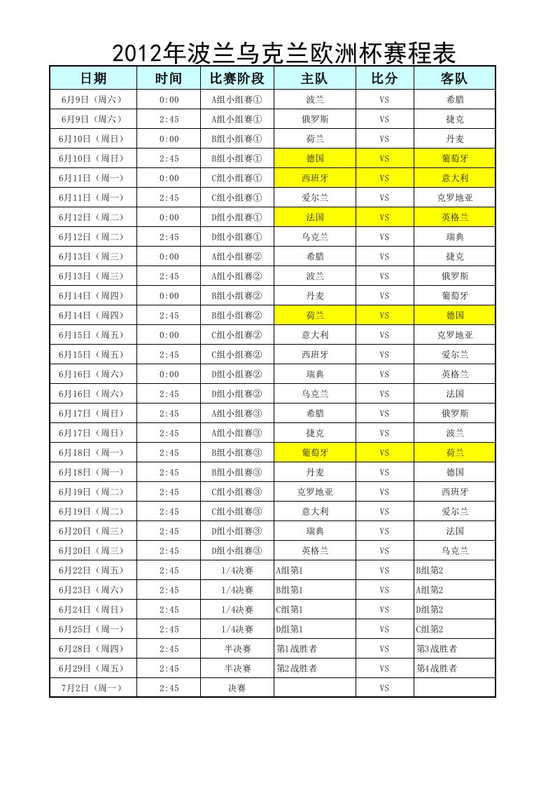 2012年欧洲杯赛程表(直接打印)