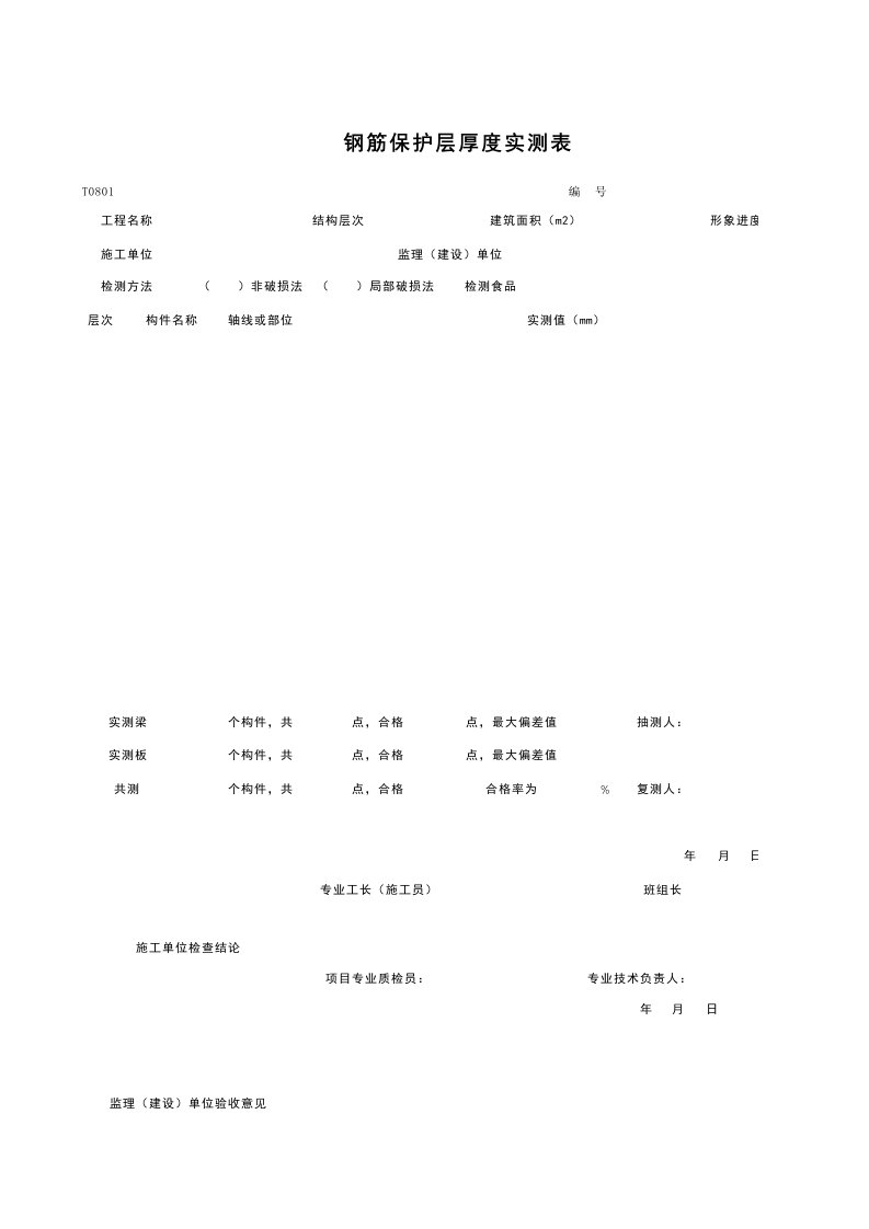 建筑工程-T0801_钢筋保护层厚度实测表