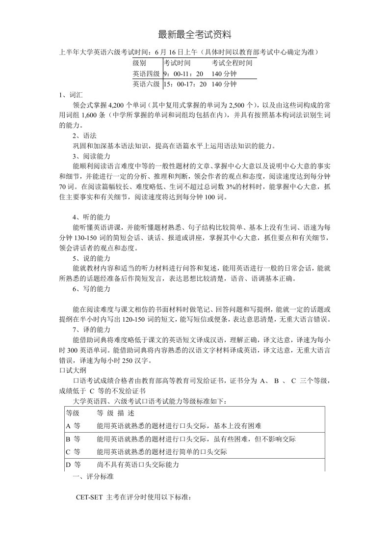 2020年度上半年大学英语六级考试时间