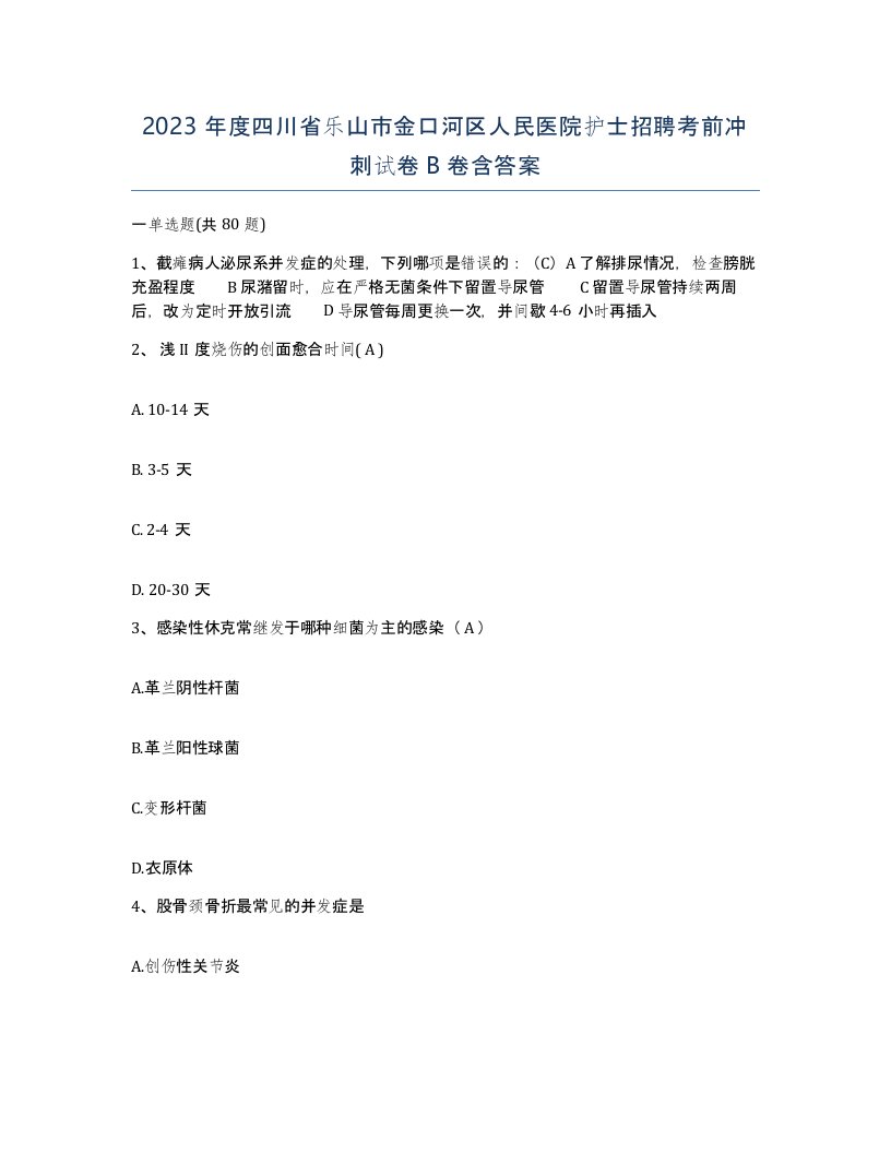 2023年度四川省乐山市金口河区人民医院护士招聘考前冲刺试卷B卷含答案