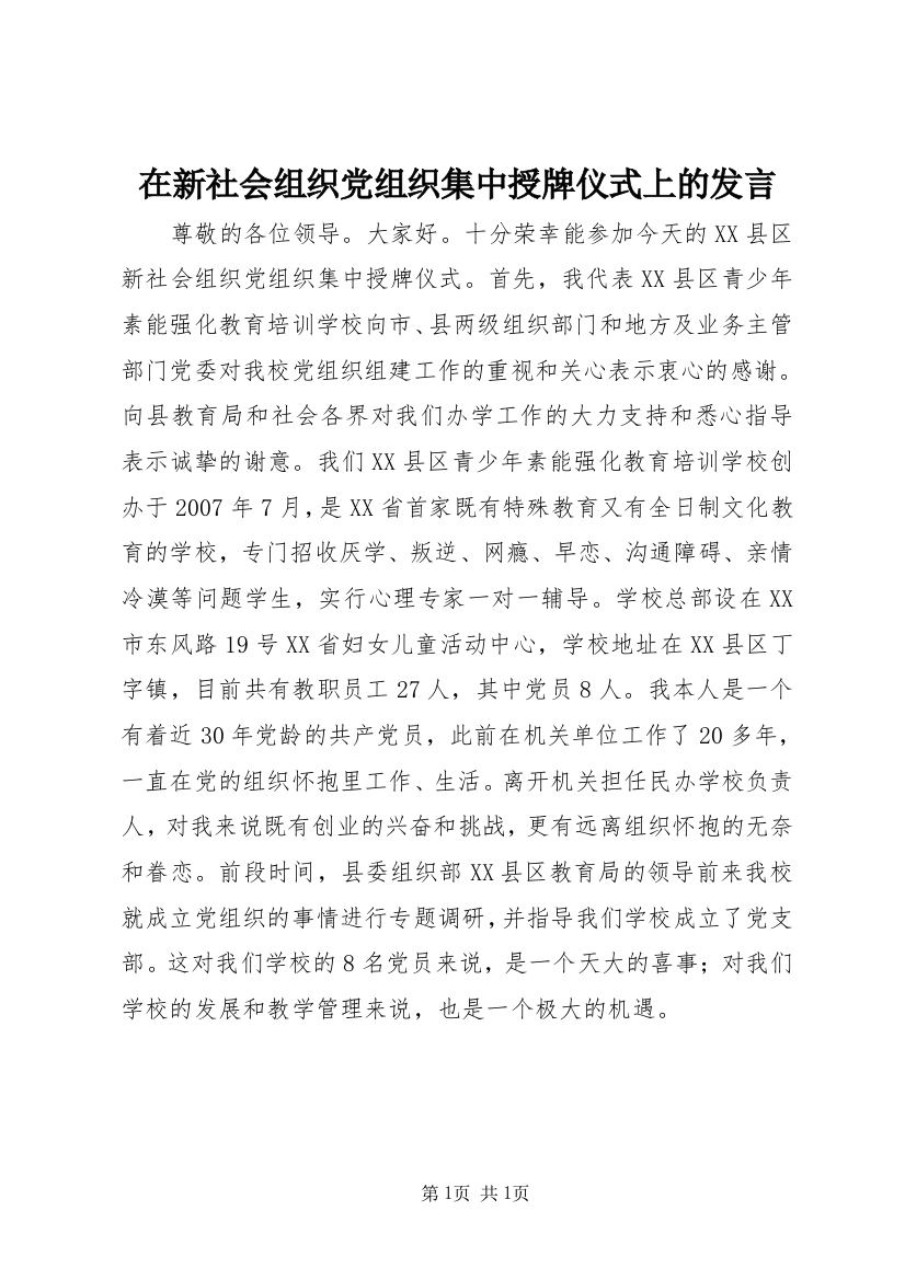 在新社会组织党组织集中授牌仪式上的发言