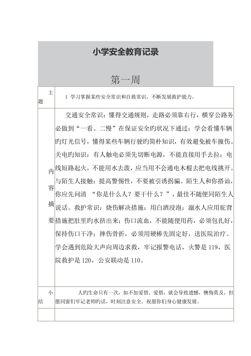 学校每周安全教育记录