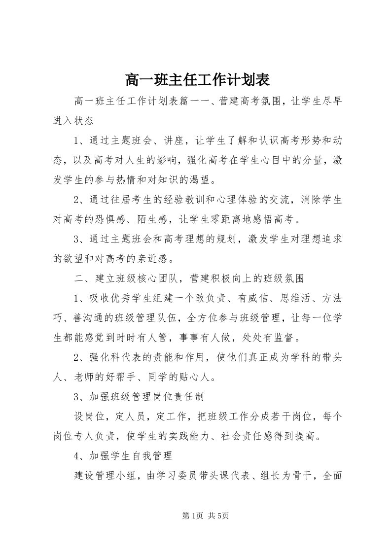 高一班主任工作计划表