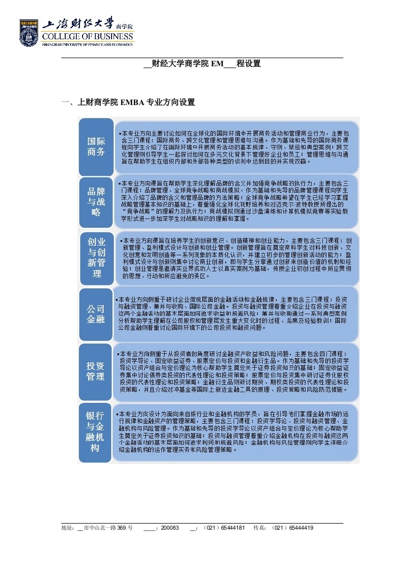 上海财经大学商学院EMBA课程设置