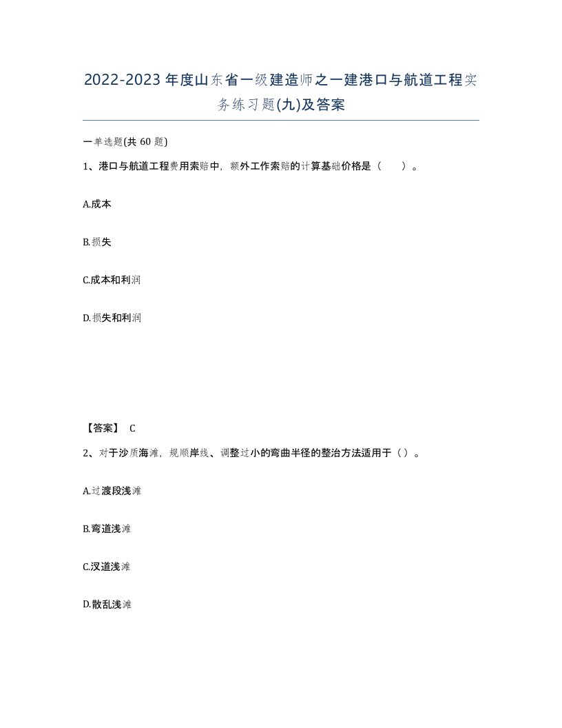 2022-2023年度山东省一级建造师之一建港口与航道工程实务练习题九及答案