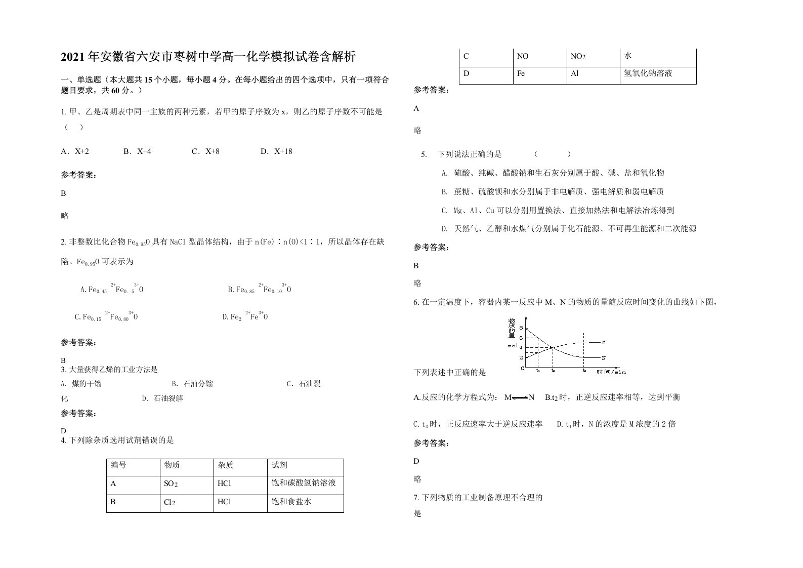 2021年安徽省六安市枣树中学高一化学模拟试卷含解析