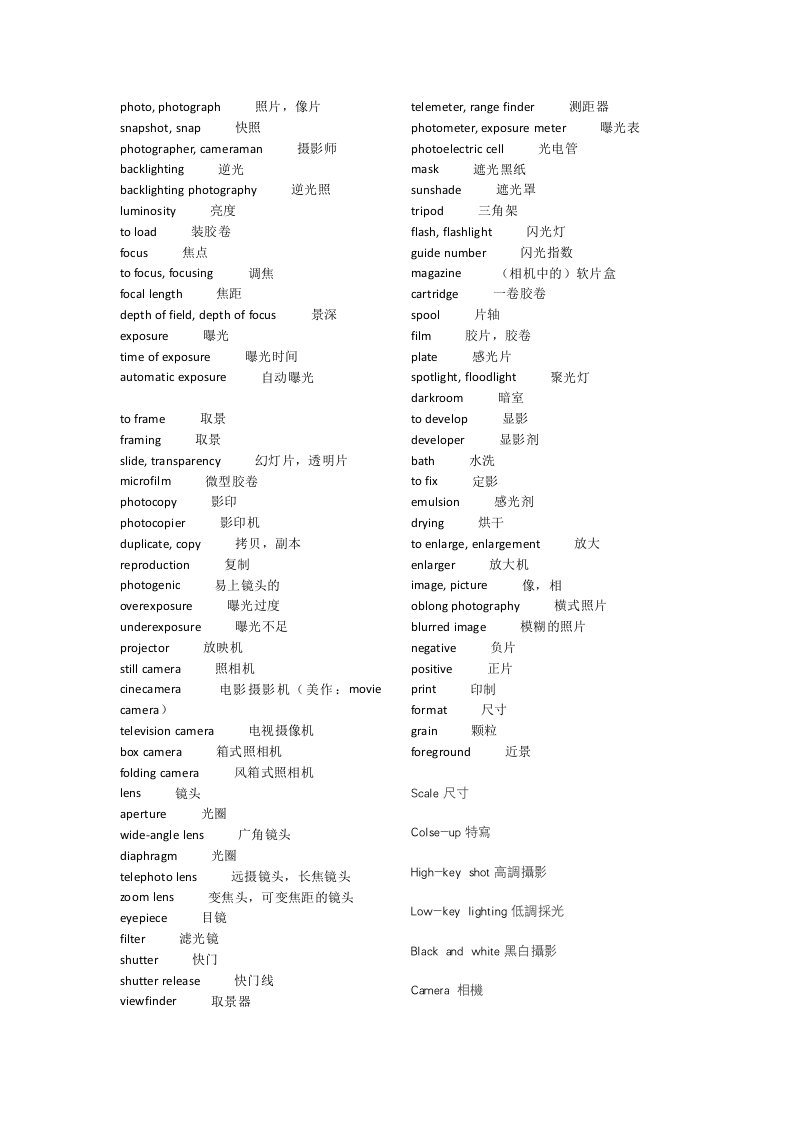 摄影专业英语词汇