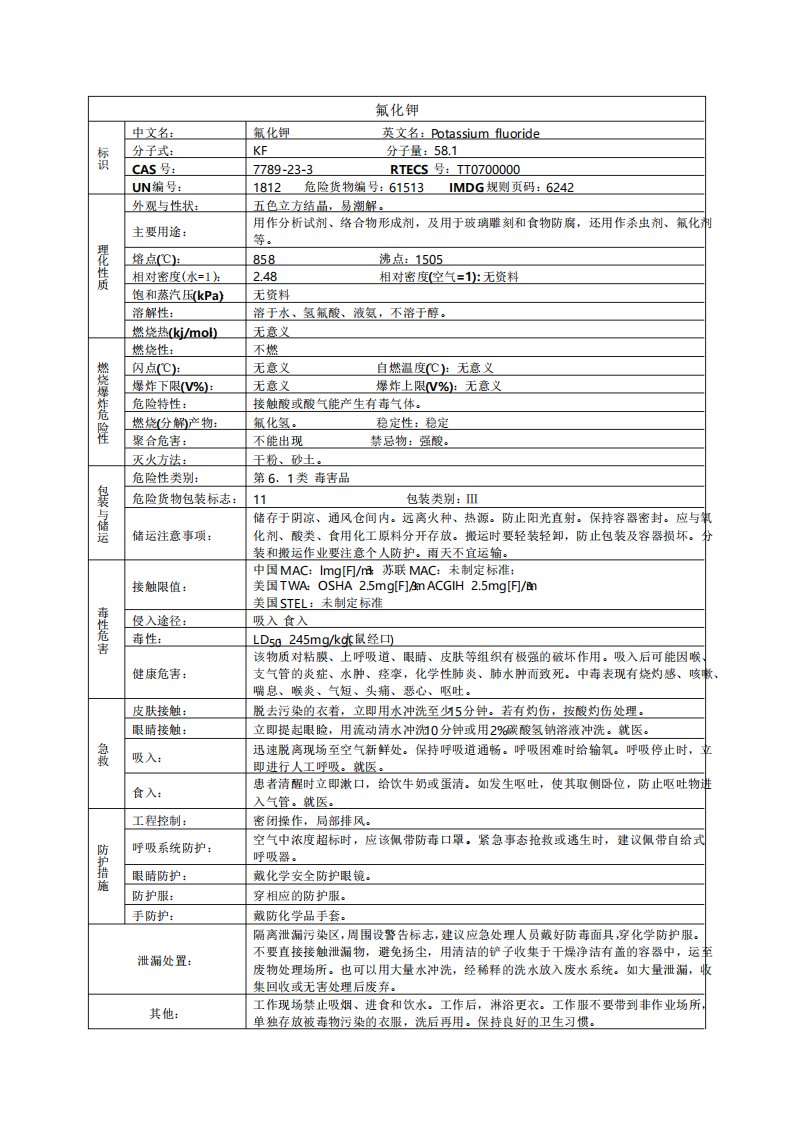 氟化钾化学品安全技术说明书MSDS