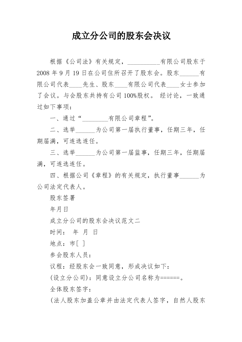 成立分公司的股东会决议