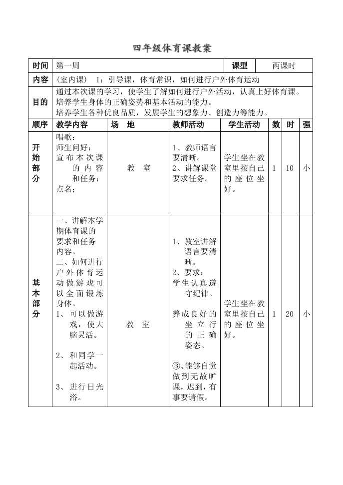 小学四年级下册体育课教案