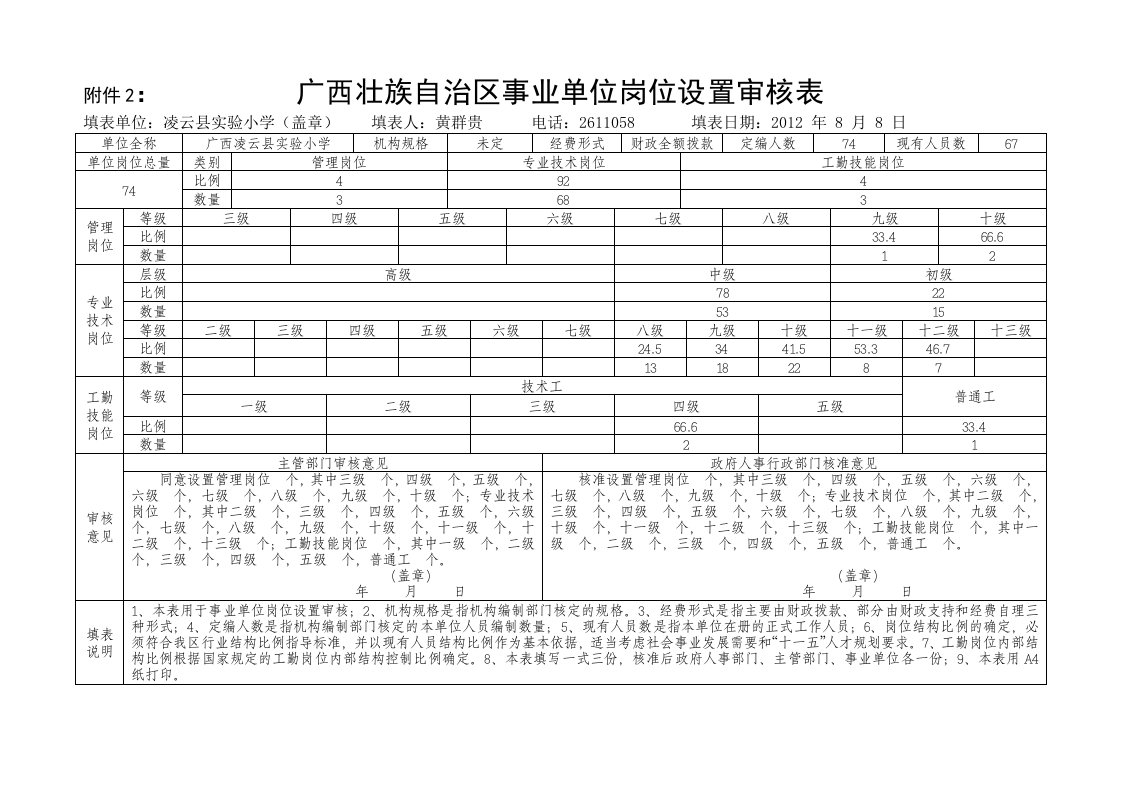 广西壮族自治区事业单位岗位设置审核表