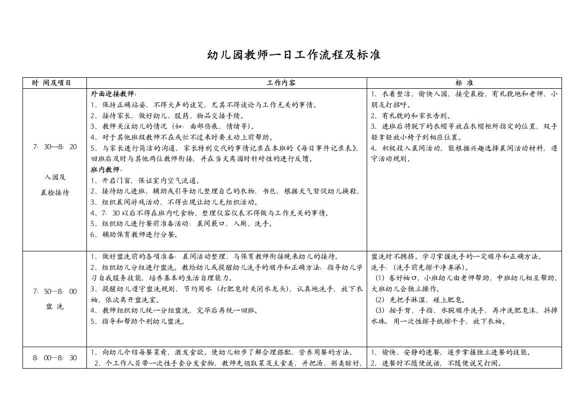 幼儿园教师一日工作流程和标准