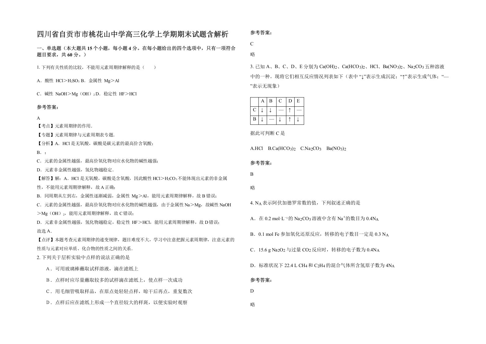 四川省自贡市市桃花山中学高三化学上学期期末试题含解析