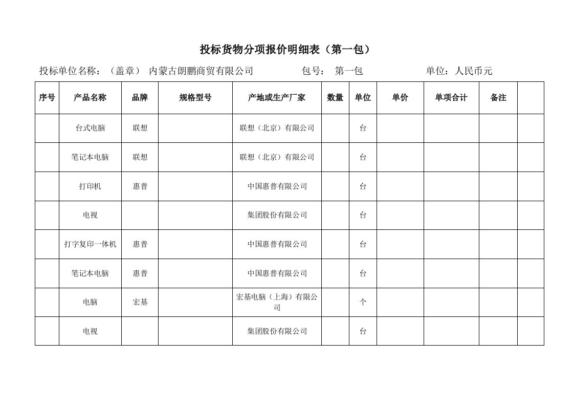 投标货物分项报价明细表