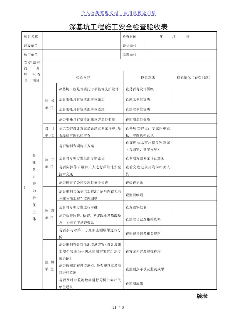 深基坑工程安全检查验收表