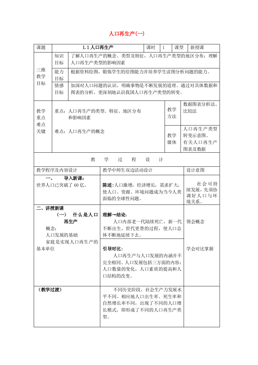 地理教案教学设计人口再生产(一)