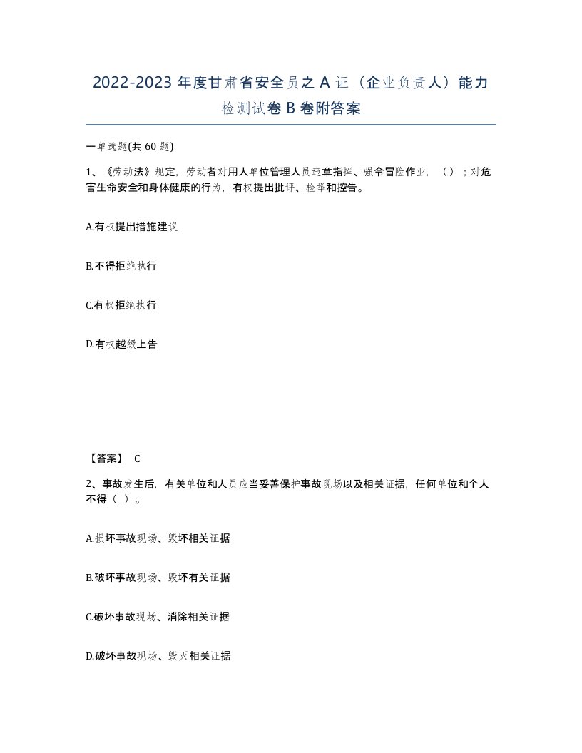 2022-2023年度甘肃省安全员之A证企业负责人能力检测试卷B卷附答案