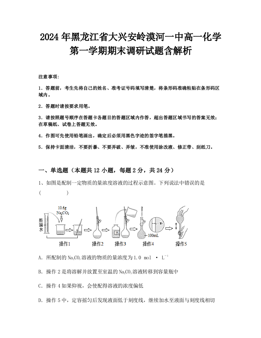 2024年黑龙江省大兴安岭漠河一中高一化学第一学期期末调研试题含解析