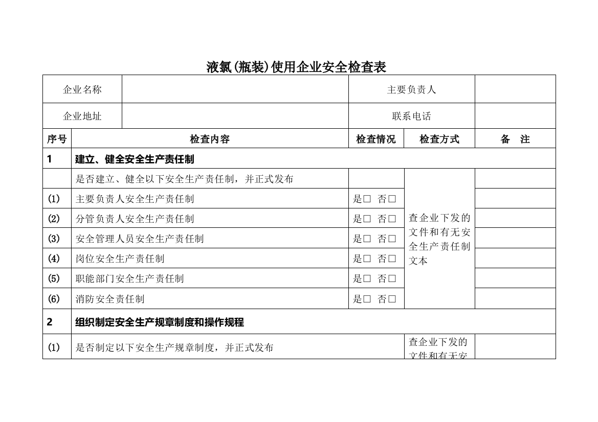 液氯瓶装使用企业安全检查表