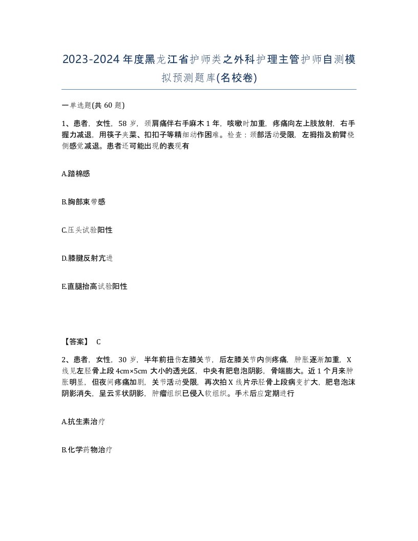 2023-2024年度黑龙江省护师类之外科护理主管护师自测模拟预测题库名校卷