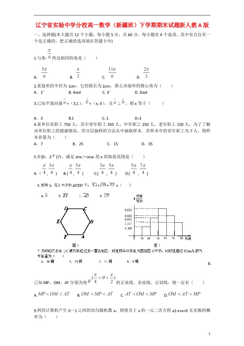 辽宁省实验中学分校高一数学（新疆班）下学期期末试题新人教A版