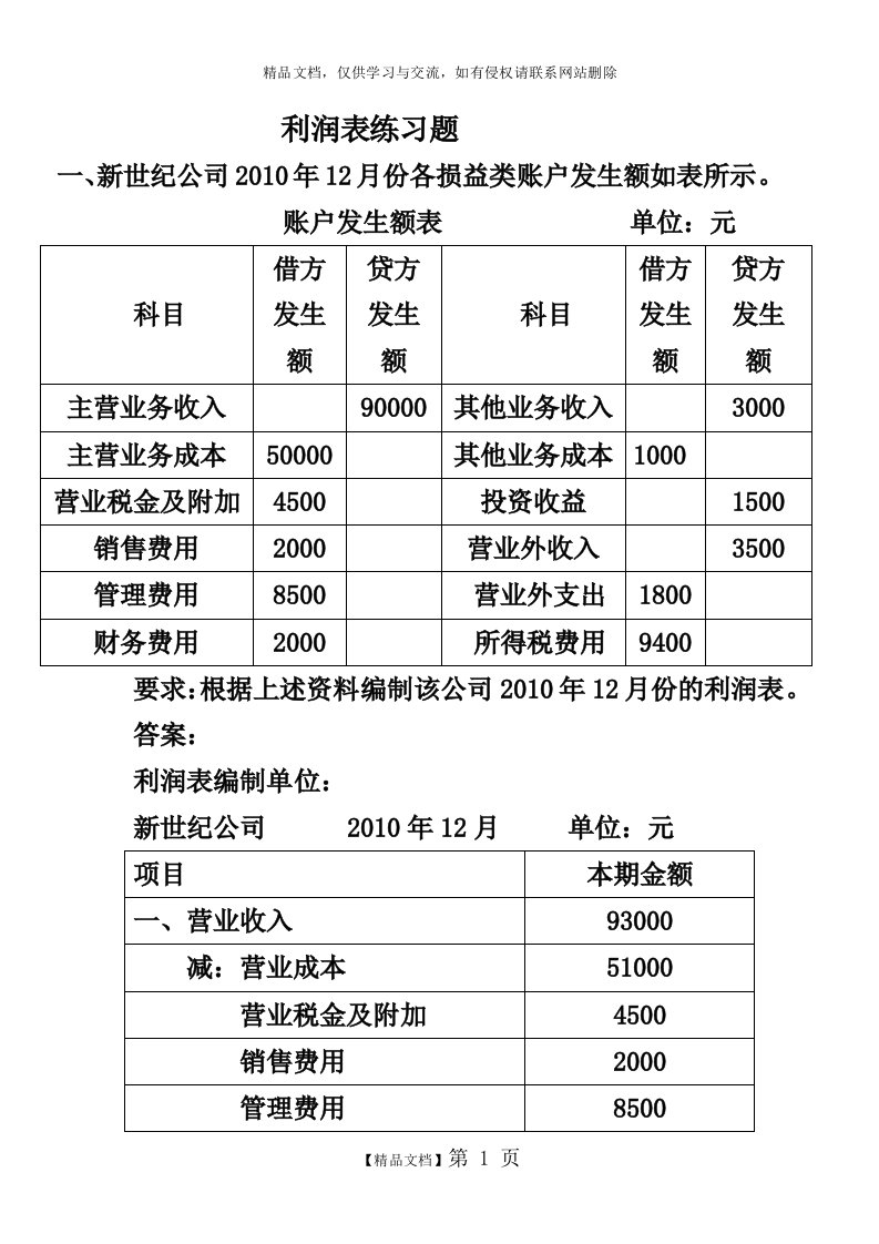 利润表练习题