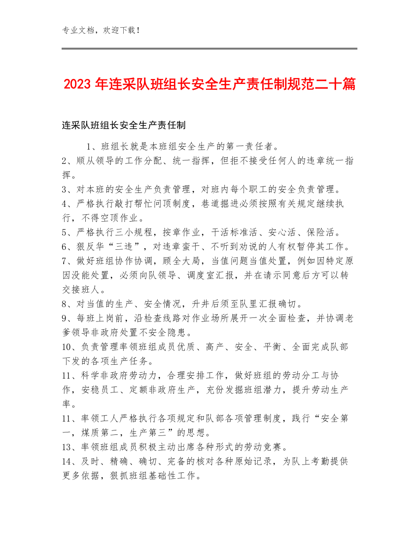 2023年连采队班组长安全生产责任制规范二十篇