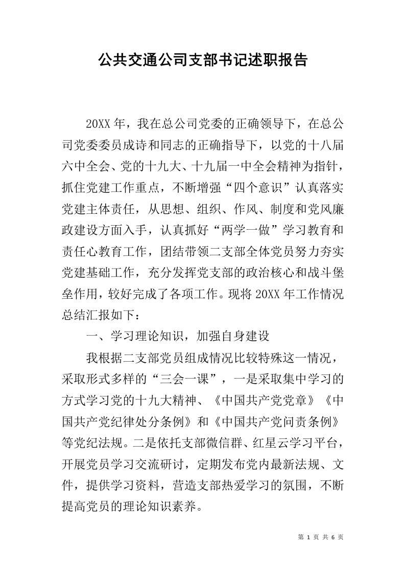 公共交通公司支部书记述职报告