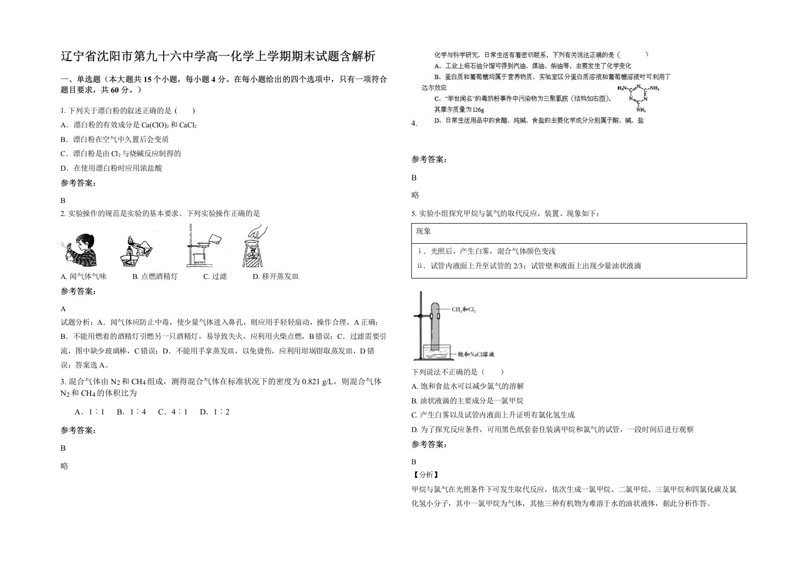 辽宁省沈阳市第九十六中学高一化学上学期期末试题含解析