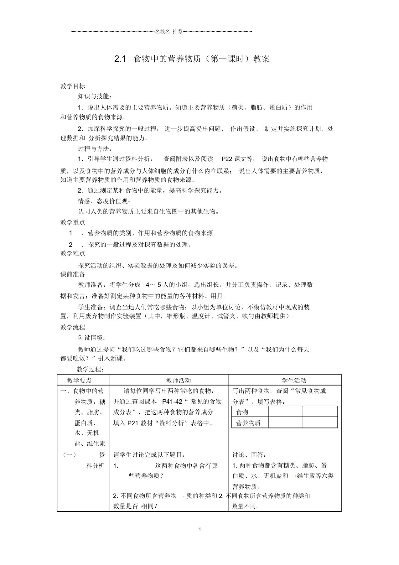 山东省临沂市费城镇初级中学初中七年级生物下册2.1食物中的营养物质(第一课时)名师精选教案新人教版