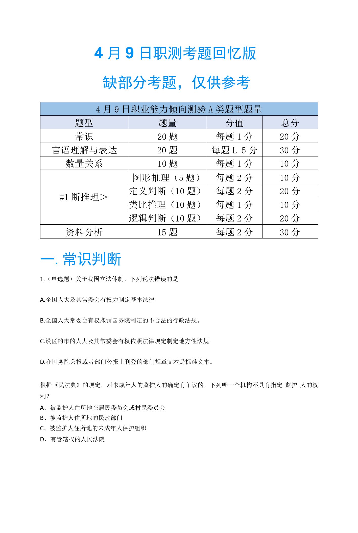 2022年4月9日陕西事业单位职测A类真题