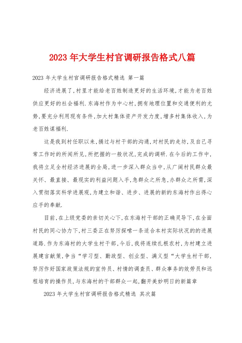 2023年大学生村官调研报告格式八篇