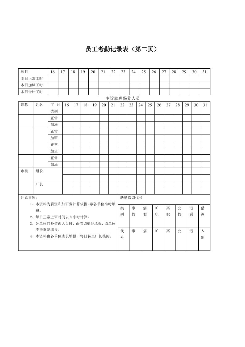 员工考勤记录表汇总27