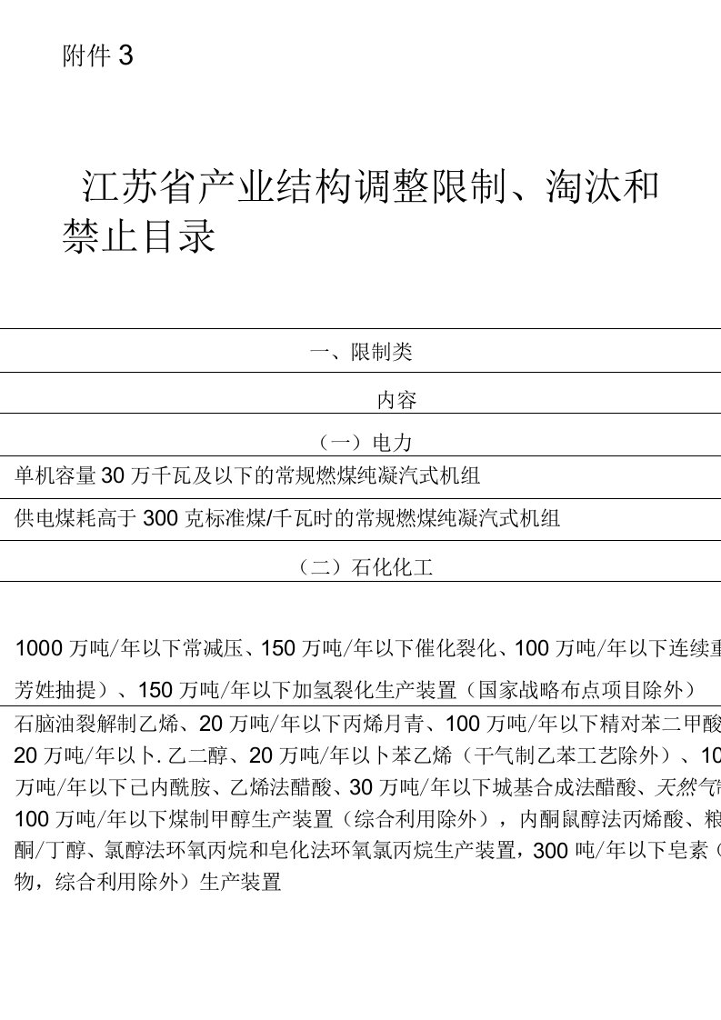 江苏产业结构调整限制、淘汰和禁止目录