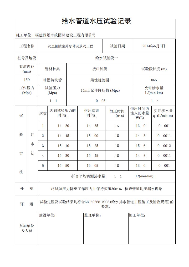 给水压力管道试验记录表自动计算表格