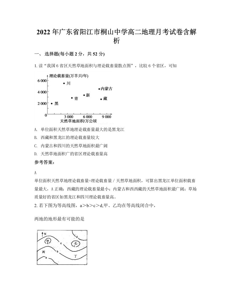 2022年广东省阳江市桐山中学高二地理月考试卷含解析