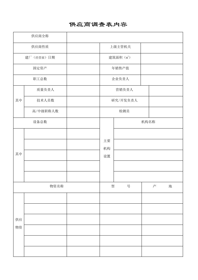 供应商管理-供应商调查表内容